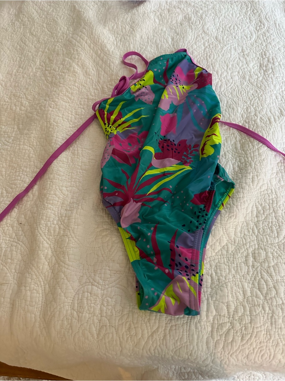 Never worn -womens One-Piece Swim Suit in Teal & Purple - Vibrant Tropical Print
